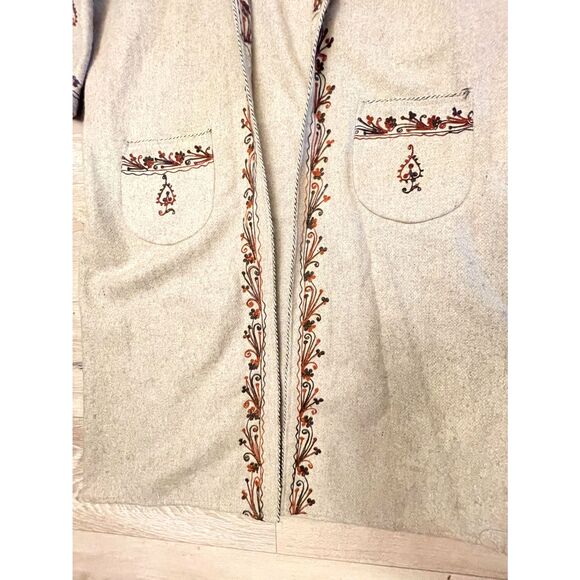 Vintage Embroidered Wool Duster Coat Beige Boho Folk Art Longline Handmade - Picture 6 of 14